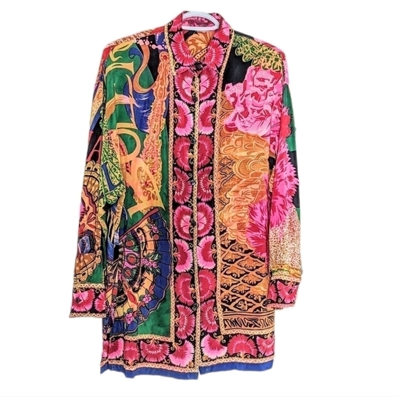 Vintage silk blend bright abstract floral print silk shirt Carmen back Large T3 - Picture 1 of 8